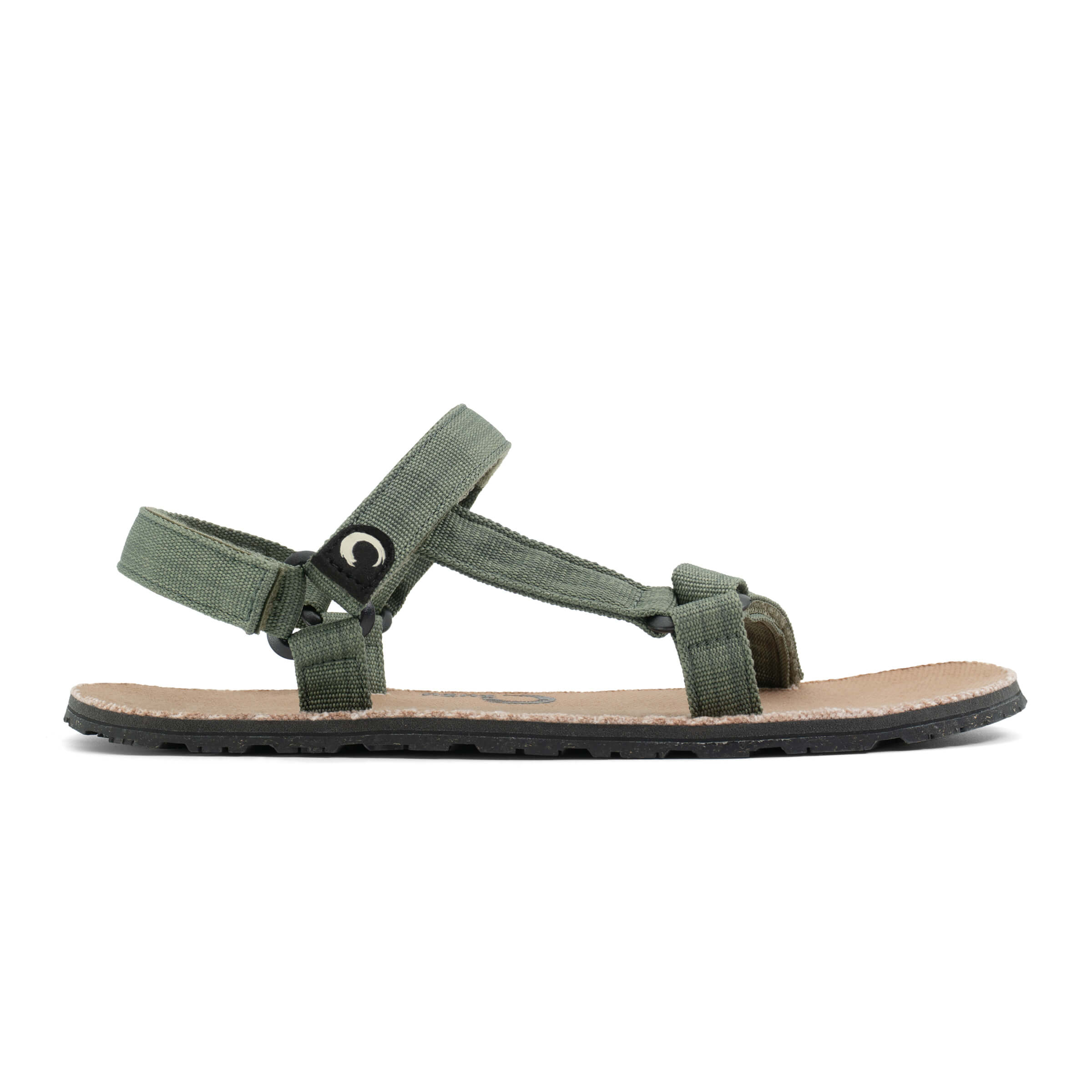 ZuZu Drift lightweight eco-friendly sandals with recycled and natural sole, durable canvas footbed, and recycled straps. designed for all-day comfort and minimalist. Green Sage. Side view